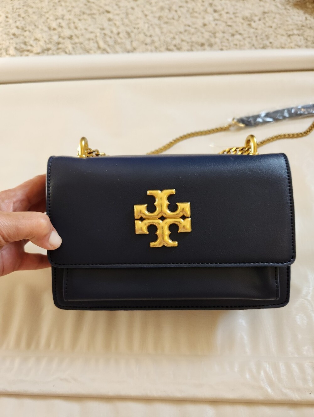 Tory Burch Navy Leather Crossbody with Gold Logo